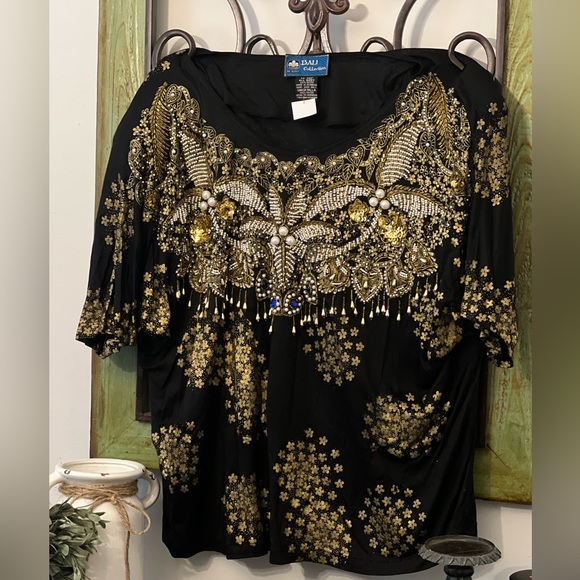 Bali Tops - Bali Collection Beaded Sequined
Batwing Short Sleeve Blouse Top